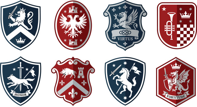 Vector set of medieval heraldic crests coat of arms and shield emblems isolated on white background