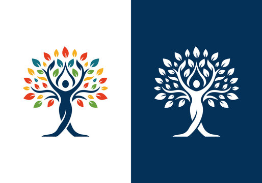 Nature themed line art logo vector design of a tree and a human inside a circle, an abstract tree logo symbol inside a circle with colorful colors.