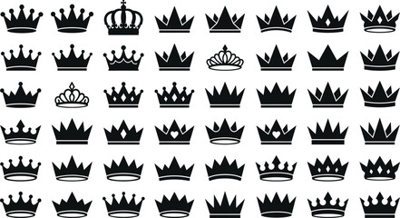 Royal crown and tiara black silhouette mega set with king queen and princess heraldic symbols flat vector illustration, © Shukimon