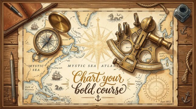 Vintage navigational tools including a brass sextant and compass on an antique map with the text 'Chart your bold course'.