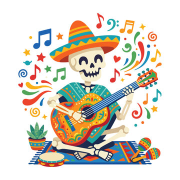 Day of the dead skeleton playing guitar surrounded by colorful music notes and festive decorations, mariachi style