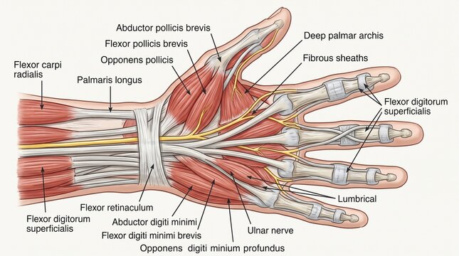 Anatomical Diagram of Human Hand Muscles and Tendons
