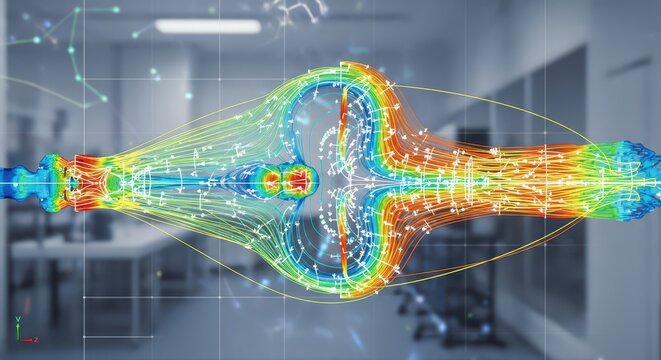 3D Fluid Dynamics Simulation Visualization, CFD Analysis, Flow Pattern, Science and Technology Abstract Background