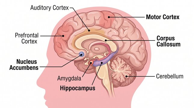 Human brain anatomy diagram showing major functional regions