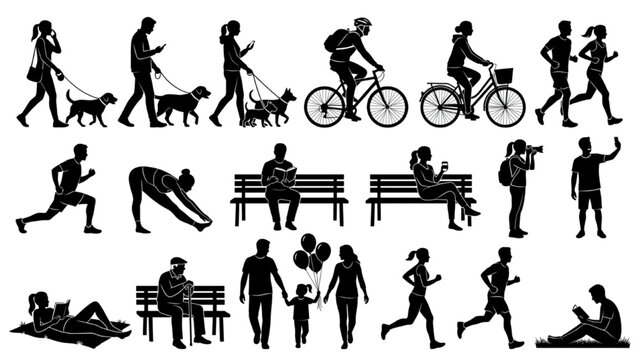 Architectural People Silhouette Vector Set with Dog Walkers Cyclists Joggers and Families