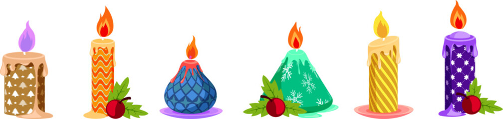 Decorative winter holiday candle vector set featuring unique geometric shapes, textured patterns, melting wax, and seasonal holly berry decorations © Vivid Pixel Studio.