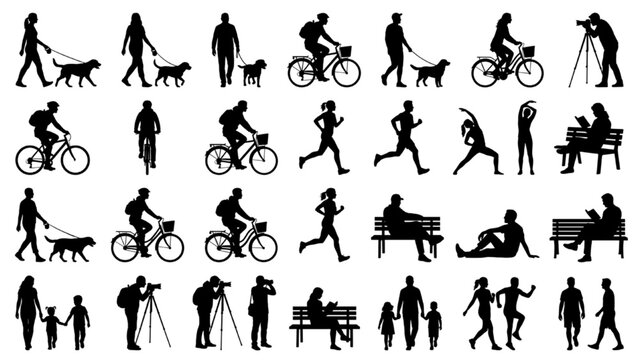 Architectural People Silhouette Vector Set with Dog Walkers Cyclists Runners and Families