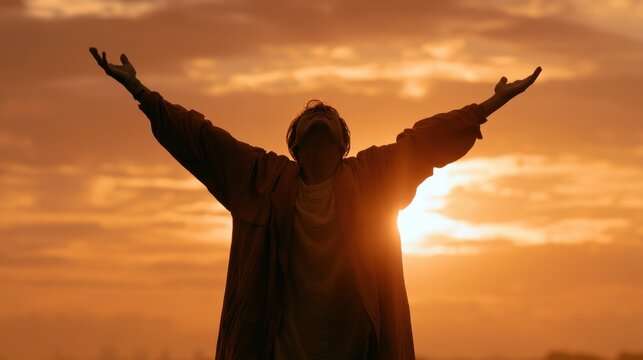 Hopeful Embrace: A silhouette of a person with arms outstretched towards a radiant sun, embodying a sense of hope, gratitude, and spiritual connection.