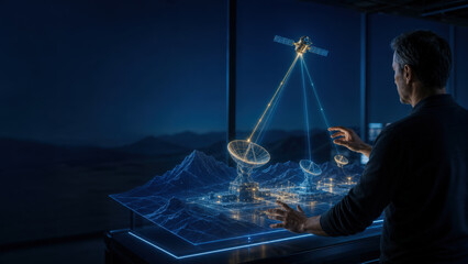 Satellite Ground Systems Engineer Inspecting Holographic Antennas Signal Beams and Orbiting Spacecraft