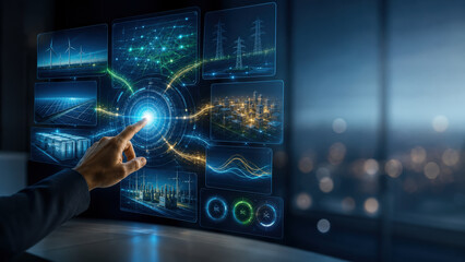 Fototapeta premium Energy Manager Touching Holographic Power Grid Dashboard with Renewable Generation Panels