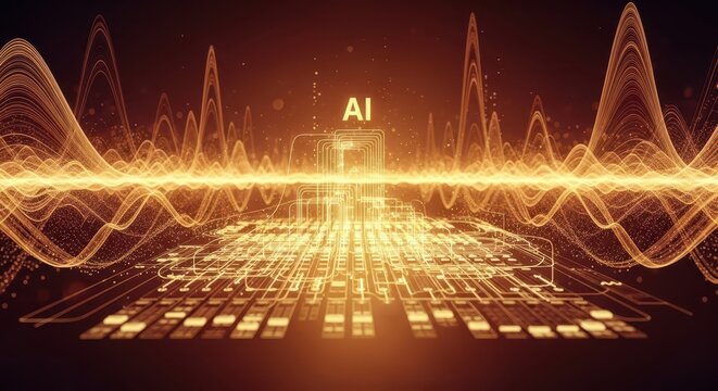 Abstract concept of Artificial Intelligence with glowing neural network and data visualization on dark background