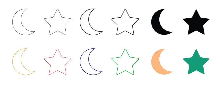 Crescent moon and star silhouette icon set with celestial shapes in line art vector