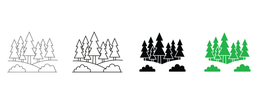 Mountain silhouette icon set with sun and peaks in line art and flat style vector