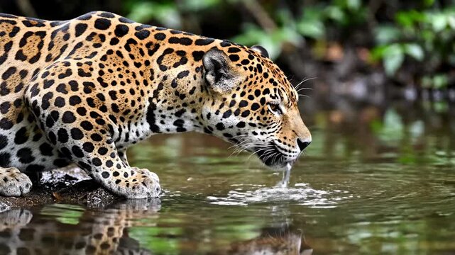 A majestic wild jaguar leans down to drink from the refreshing water in the lush tropical rainforest while exploring the natural environment during a peaceful afternoon under the vibrant forest