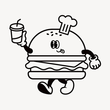 Cartoon burger character with a chef hat holding a drink cup.