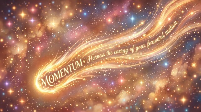 Abstract cosmic background with glowing streak of light and text "Momentum + Harness the energy of your forward motion."