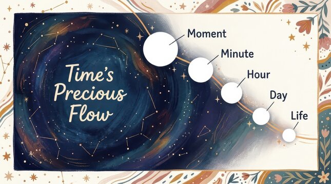 Abstract cosmic illustration of Time's Precious Flow with constellations and celestial elements symbolizing life's journey