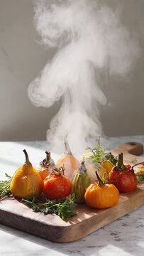 Steaming roasted vegetables on rustic board