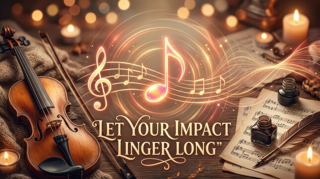 Vintage Violin, Sheet Music, and Inkwell with Musical Notes and Candlelight, Evoking Classical Music and Timeless Artistry