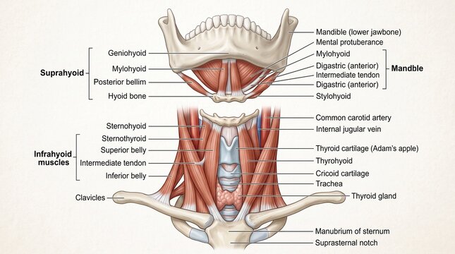 Anatomical diagram of human neck and jaw muscles with labels