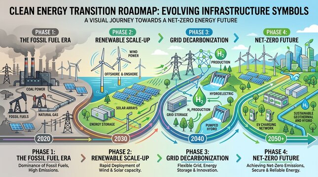 Visual Roadmap of Global Clean Energy Transition From Fossil Fuels to a Sustainable Net-Zero Infrastructure Future