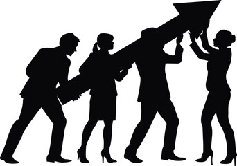 Naklejka premium Diverse business team holding upward pointing arrow symbol illustrating growth success progress and positive results during corporate strategy meeting isolated on white background.