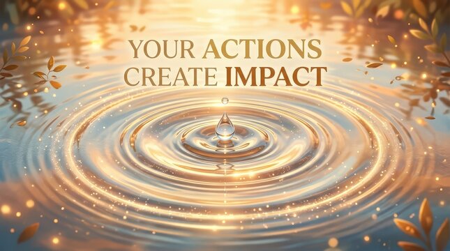 Water drop creating ripples on surface with text "Your Actions Create Impact", symbolizing consequences and effects
