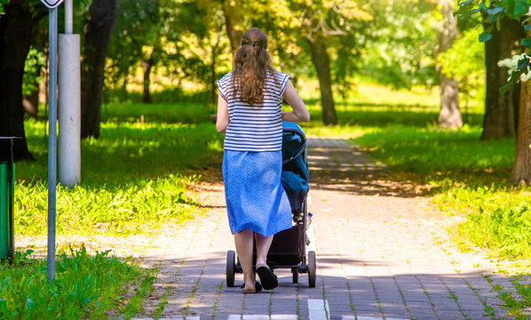 Mother wheeling a pram in the Park
