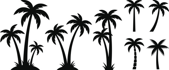 Fototapeta premium Tropical palm tree black silhouette set with single stalks and group clusters for summer beach designs vector illustration,