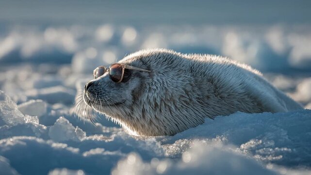 Adorable and cool harp seal pup wearing sunglasses relaxing on the snow in a frozen arctic landscape