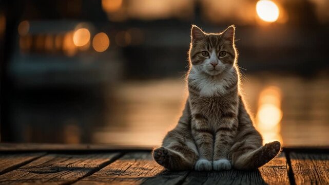 Adorable ginger tabby cat sitting in a funny pose on a wooden dock, enjoying the warm sunset light