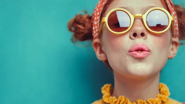 Stylish young girl with sunglasses and freckles blowing a pink bubble gum against a blue background