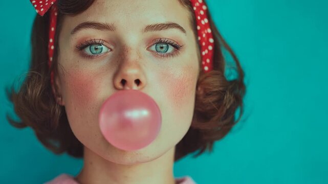 Young beautiful woman with freckles and blue eyes blowing a pink bubble from chewing gum