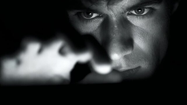 Hacker's face illuminated by a computer screen while typing in the dark, black and white footage