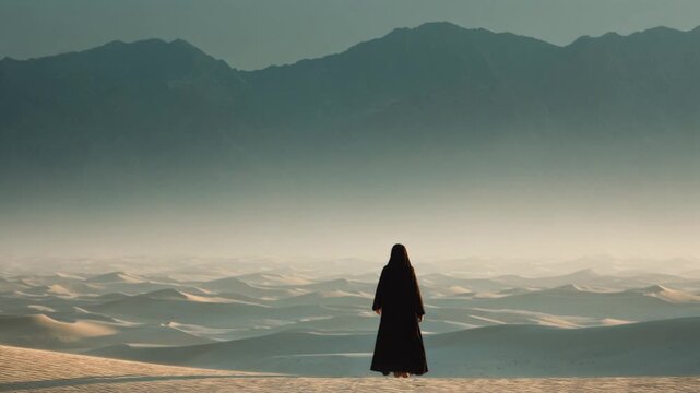 Lone woman wearing a dark abaya walking barefoot across a vast sand dune landscape at sunset