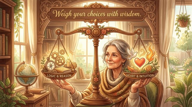 Wise elderly woman balancing logic and heart-intuition scales in a library setting, symbolizing mindful decision making and inner wisdom.