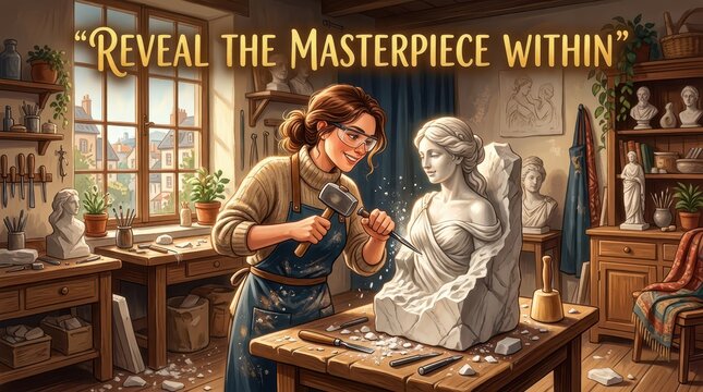 Woman sculptor chiseling marble statue in sunlit workshop, revealing artistic skill and creativity