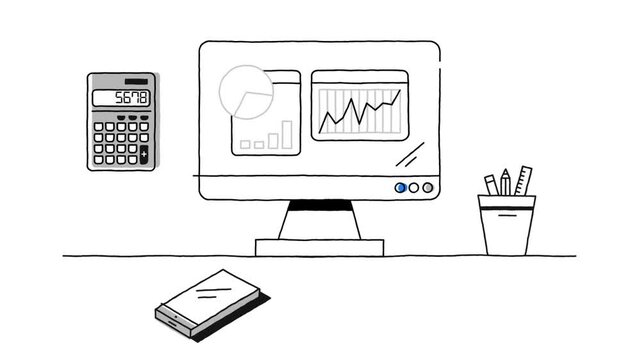 Business Analytics Workspace with Financial Charts Computer Monitor and Office Desk Animation