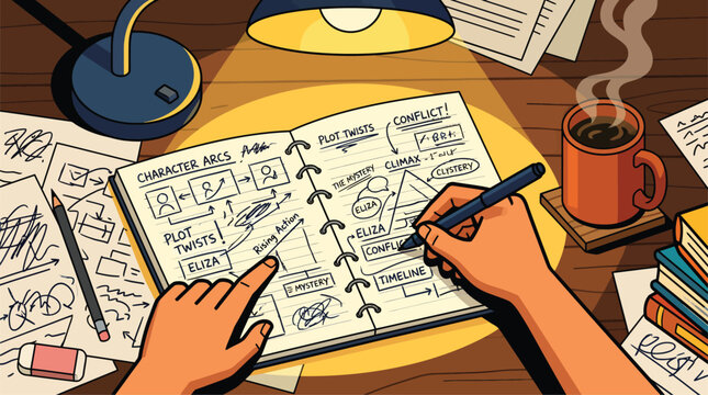 Creative Writing Process with Storyboard and Plot Outline on Desk, Author Planning Novel Concept