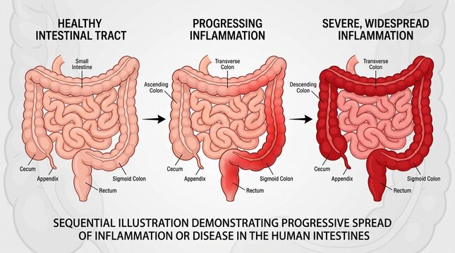 Human Intestinal Tract Showing Progressing Inflammation Medical Illustration