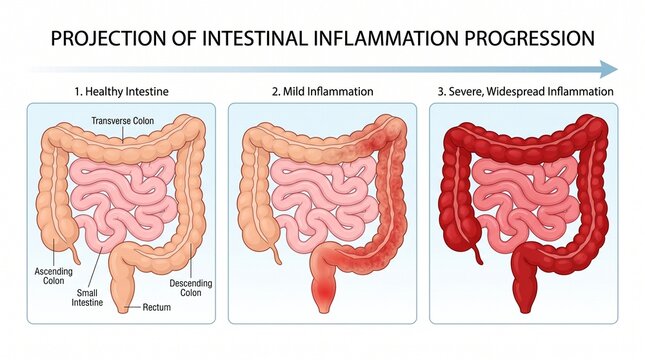 Human Intestinal Tract Showing Progressing Inflammation Medical Illustration
