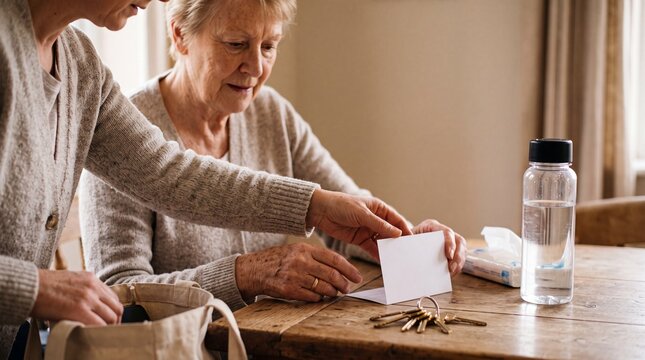 A caregiver assists an elderly woman in examining a greeting card, a moment of quiet connection and shared reminiscence.