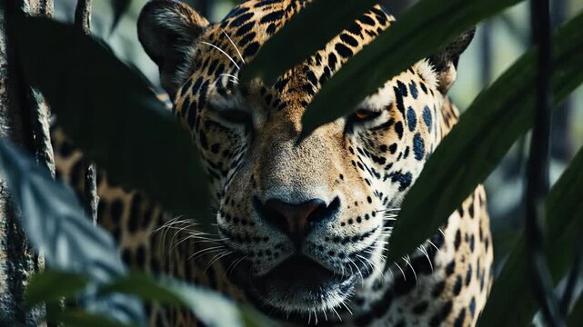 A fierce jaguar stares intensely from within the thick tropical rainforest foliage while prowling through the dense greenery of its natural habitat during a humid afternoon in the wild jungle