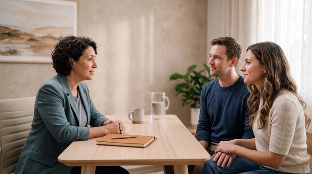 A professional financial advisor kindly explains an investment portfolio to a young couple in a calm, contemporary setting, fostering trust and shared decision-making.
