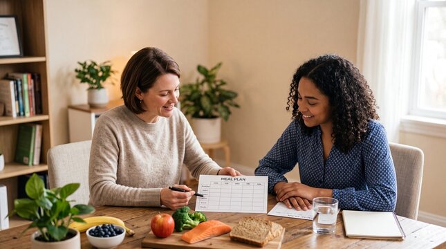 Two women, one a nutritionist and the other a client, are reviewing a meal plan together at a table filled with fresh produce and healthy food.