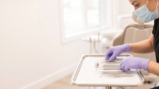 A dentist in a mask and gloves arranges sterile dental instruments on a tray in a brightly lit examination room, symbolizing precise medical care and hygiene.