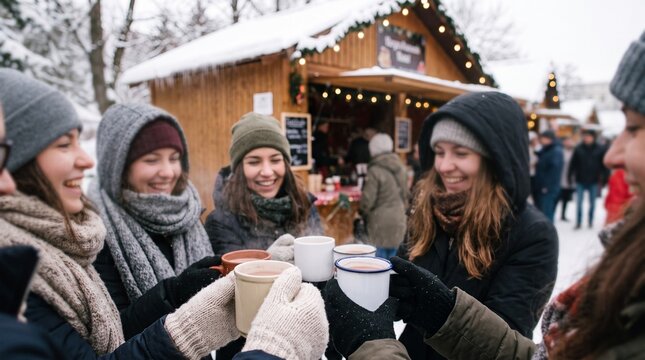 A group of friends enjoys a warm beverage and festive atmosphere at a charming outdoor winter market, their faces beaming with smiles and camaraderie.