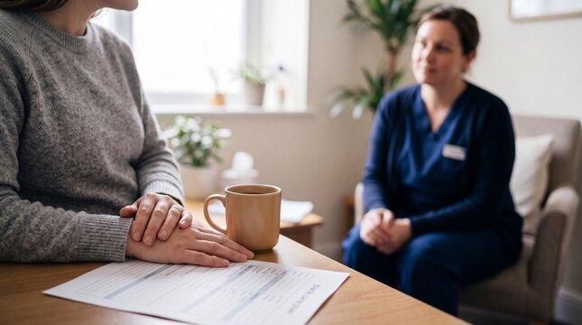 A candid conversation unfolds between a patient and a medical professional, underscored by a shared cup of coffee and an air of empathetic listening.