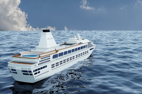 Nave da crociera moderna che naviga sul mare calmo sotto un cielo parzialmente nuvoloso, con ponti e piscina circolare. Scena luminosa che richiama turismo, viaggio e vacanze oceaniche.