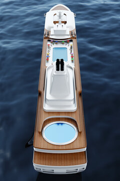 Yacht di lusso moderno visto dall&rsquo;alto, con piscina, ponti in legno e aree ricreative. Scena elegante che rappresenta design nautico contemporaneo, viaggio premium e lifestyle marittimo.